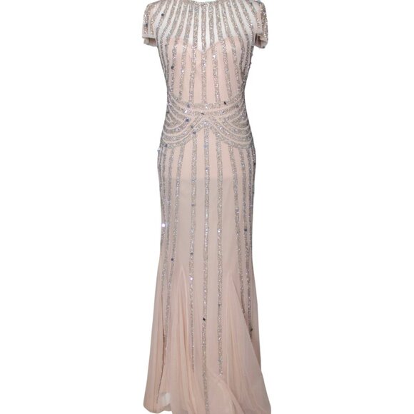 Cream Crystal Rhinestone Maxi Evening Dress - Picture 2 of 7